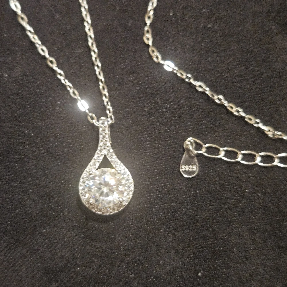 Moissanite Teardrop Halo Pendant Silver Chain Necklace